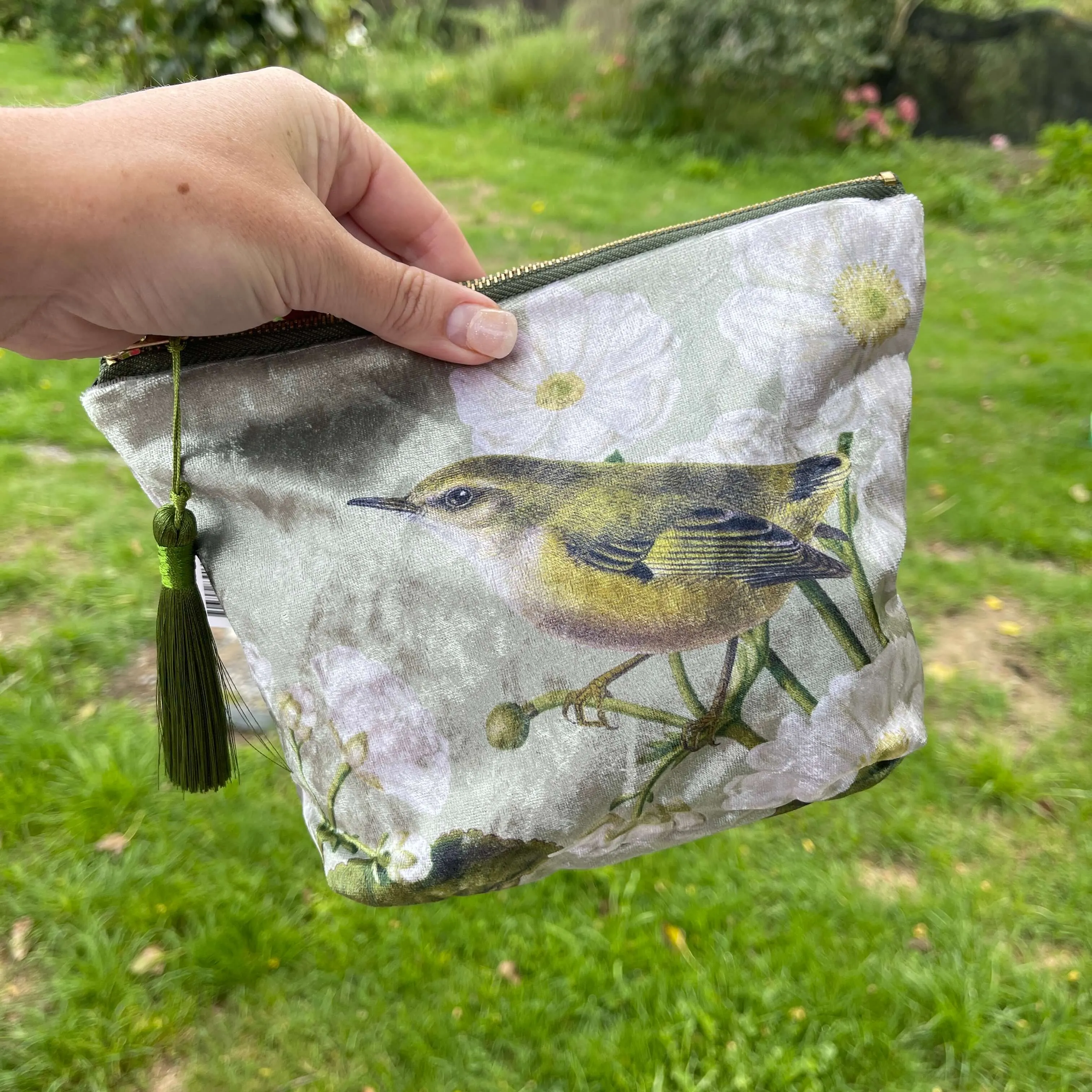 Rifleman and Mt Cook Lily Velvet Cosmetic Bag