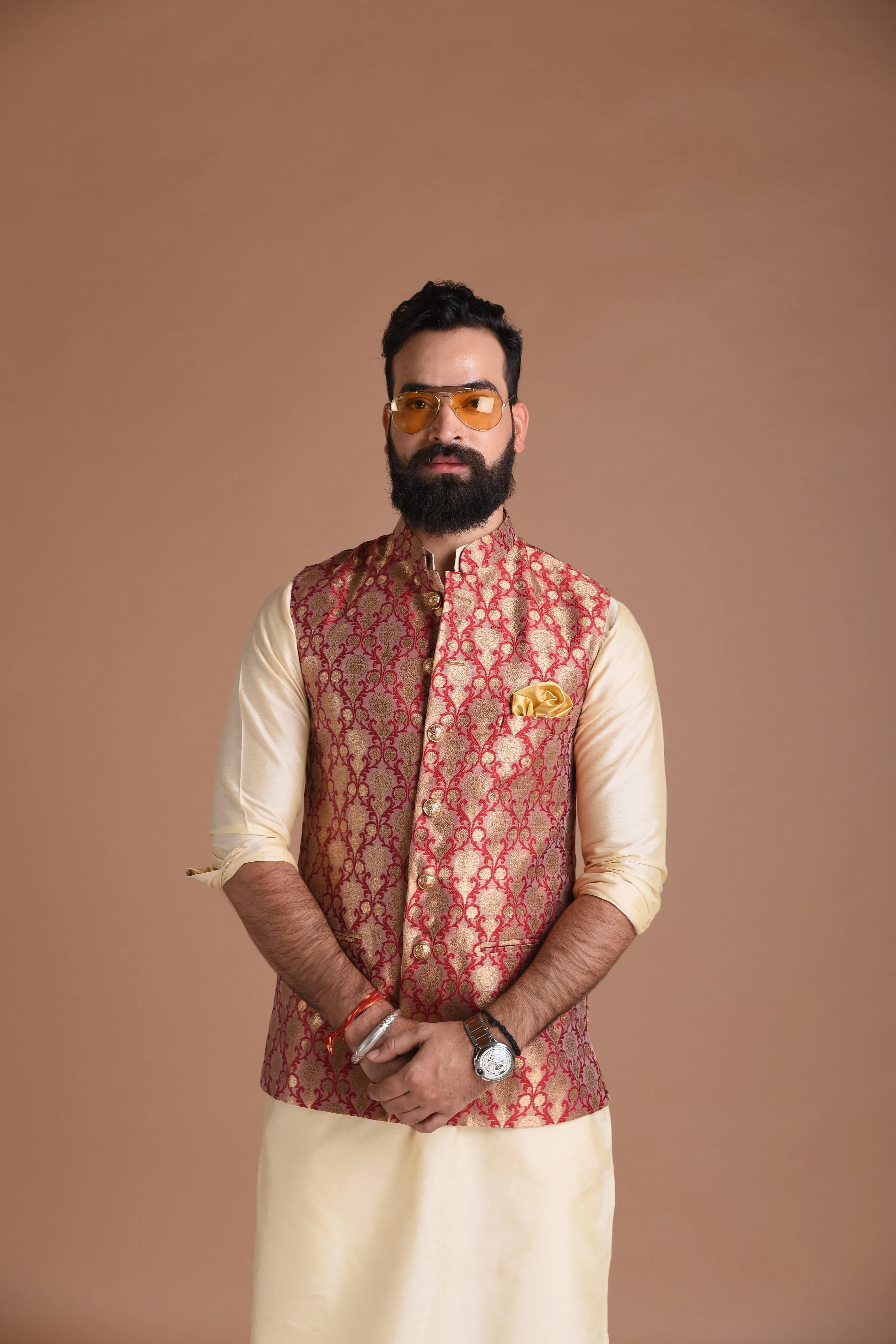Royal Floral Pattern Banarasi Brocade Half Jodhpuri Jacket with Silk Kurta Pajma Set |Red-Golden |Best for Cocktails party | Free Personalisation | Wedding Festivals