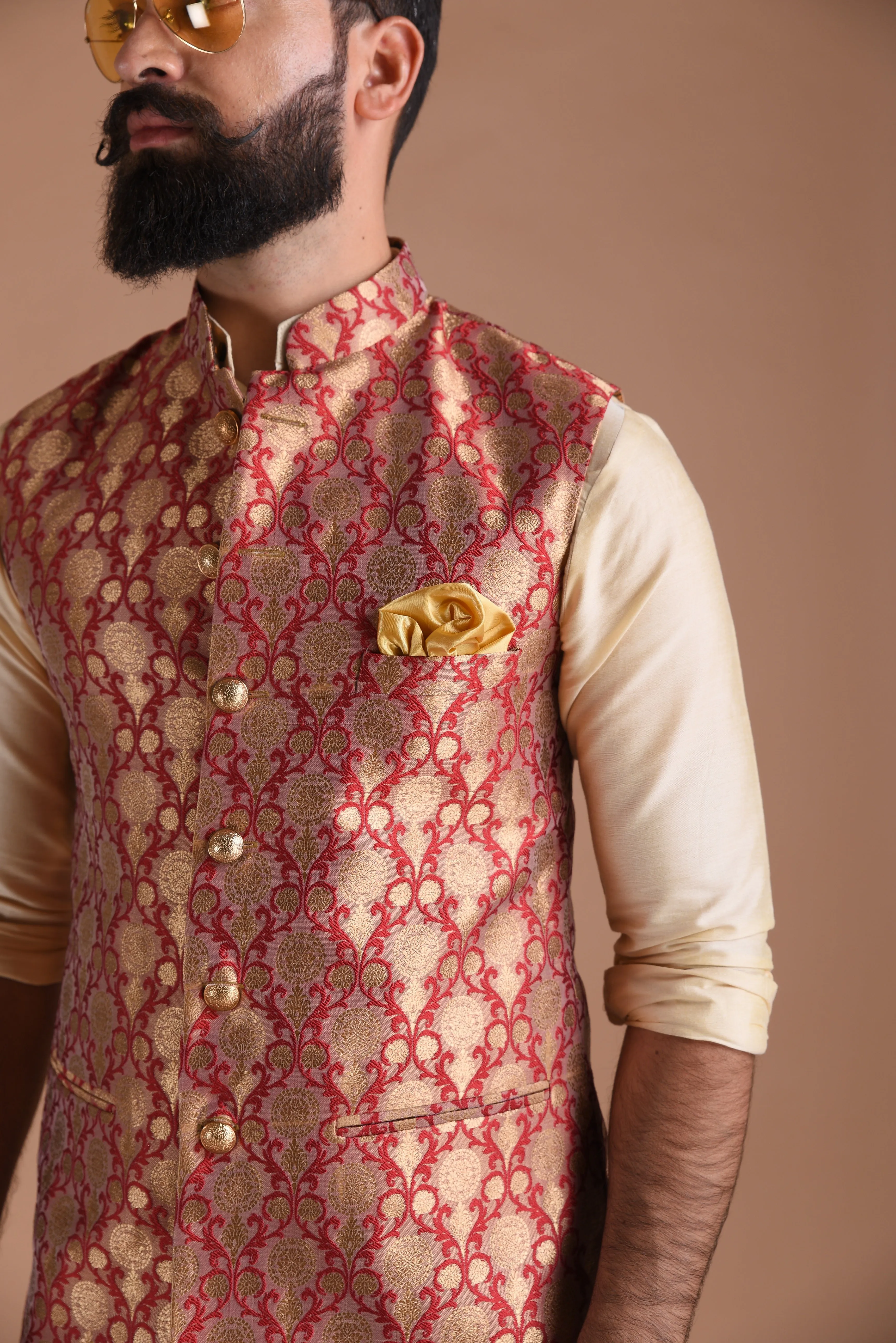 Royal Floral Pattern Banarasi Brocade Half Jodhpuri Jacket with Silk Kurta Pajma Set |Red-Golden |Best for Cocktails party | Free Personalisation | Wedding Festivals