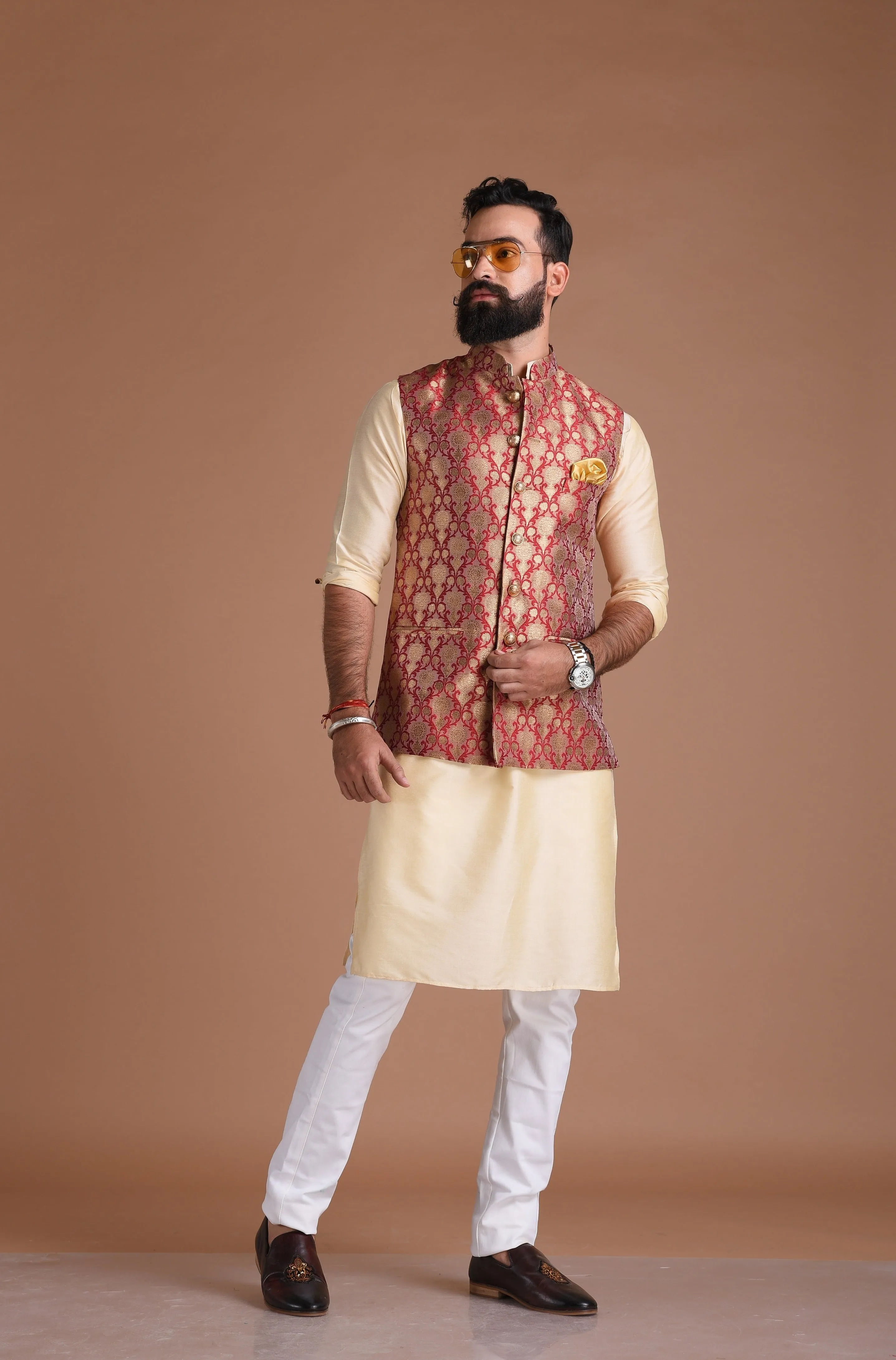 Royal Floral Pattern Banarasi Brocade Half Jodhpuri Jacket with Silk Kurta Pajma Set |Red-Golden |Best for Cocktails party | Free Personalisation | Wedding Festivals