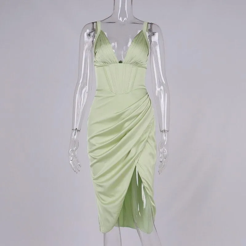 Satin Corset Dress Cut out Boned 2Layer Lining Elastic Split White