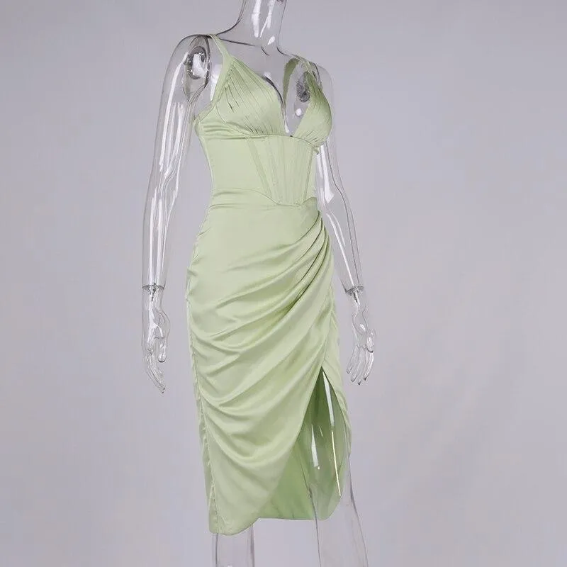 Satin Corset Dress Cut out Boned 2Layer Lining Elastic Split White