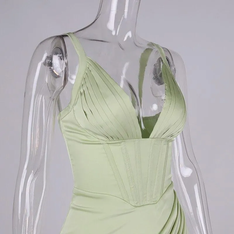 Satin Corset Dress Cut out Boned 2Layer Lining Elastic Split White
