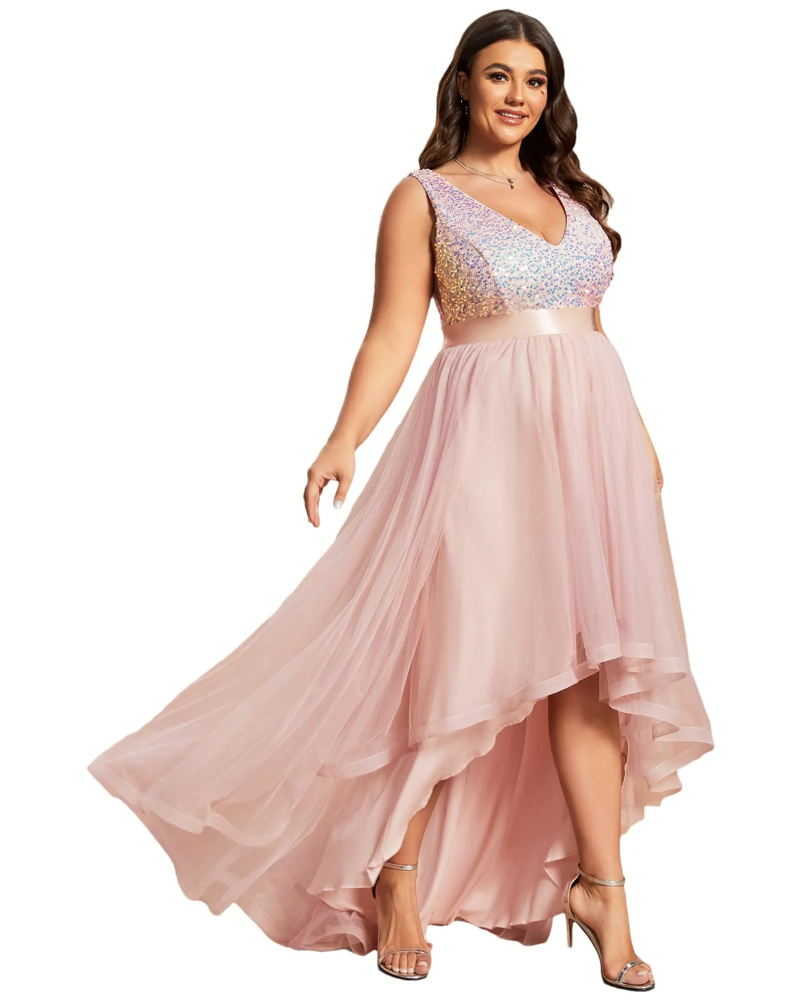 Sleeveless Sequin Ribbon Waist Tulle High Low Evening Dress | Pink