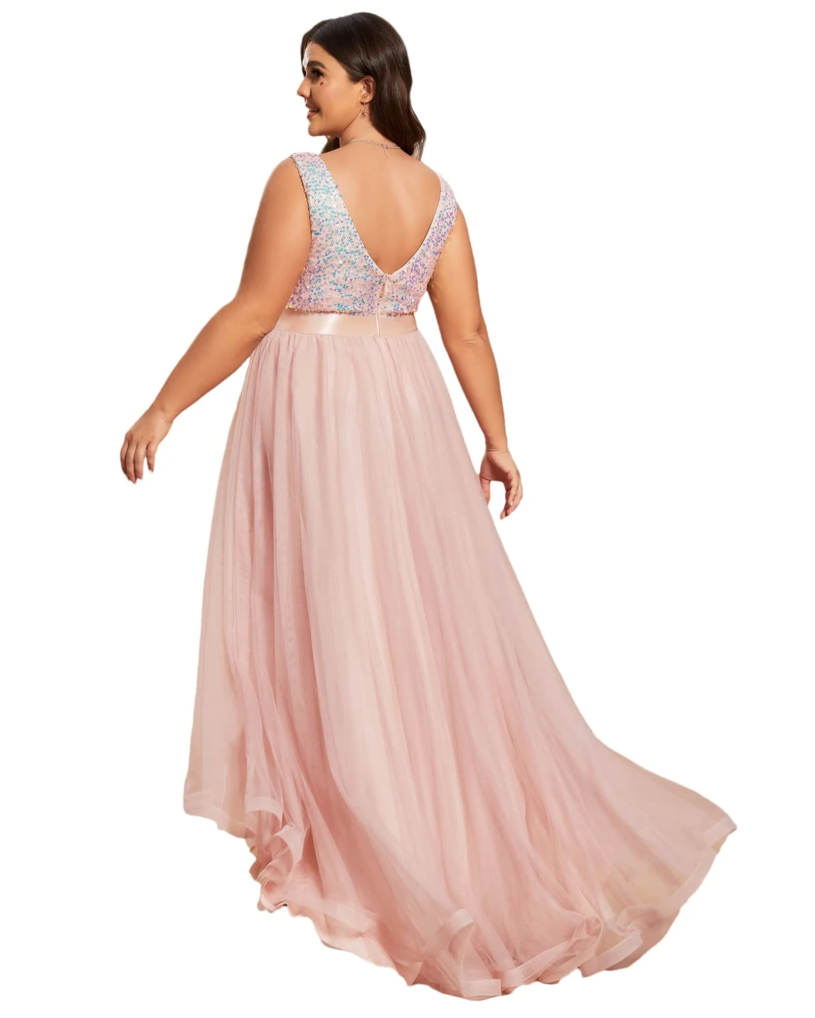 Sleeveless Sequin Ribbon Waist Tulle High Low Evening Dress | Pink