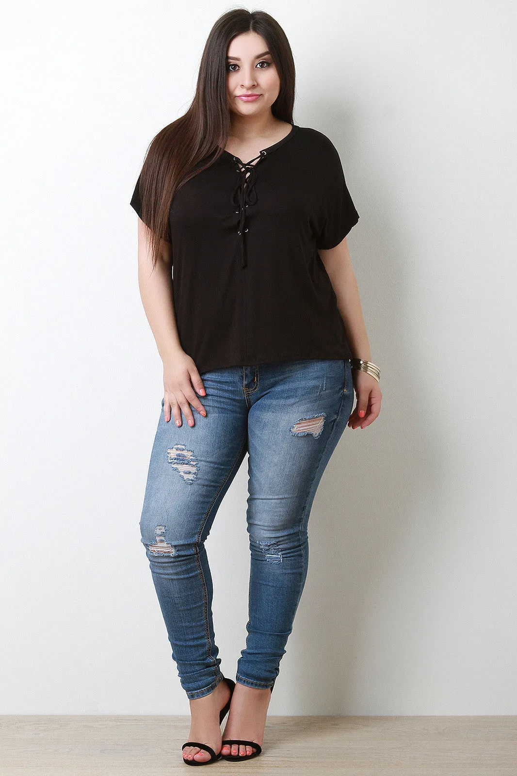 Smooth Deep-V Corset Lace-Up Top
