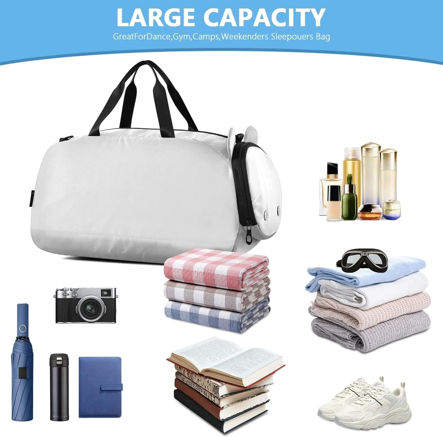 Solid White Girls Tote Duffle Bags Travel Overnight Weekender Duffel Shoe Compartment Boys Carry on Duffel Bag