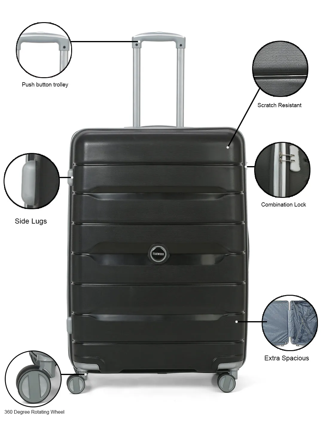 Teakwood Leather Unisex Black Textured Hard-Sided Large Trolley Bag