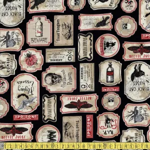 Timeless Treasures - Nevermore Spooky Labels - Black