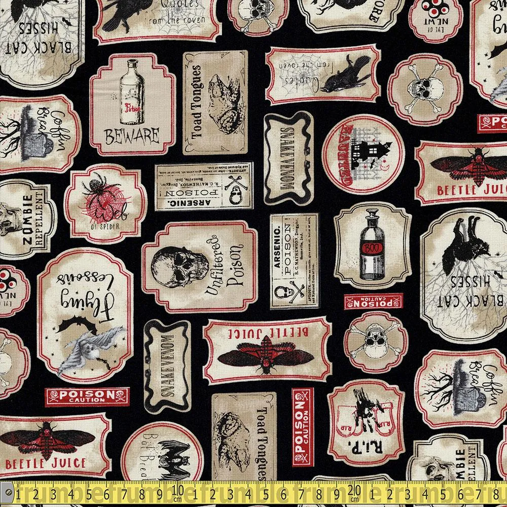 Timeless Treasures - Nevermore Spooky Labels - Black