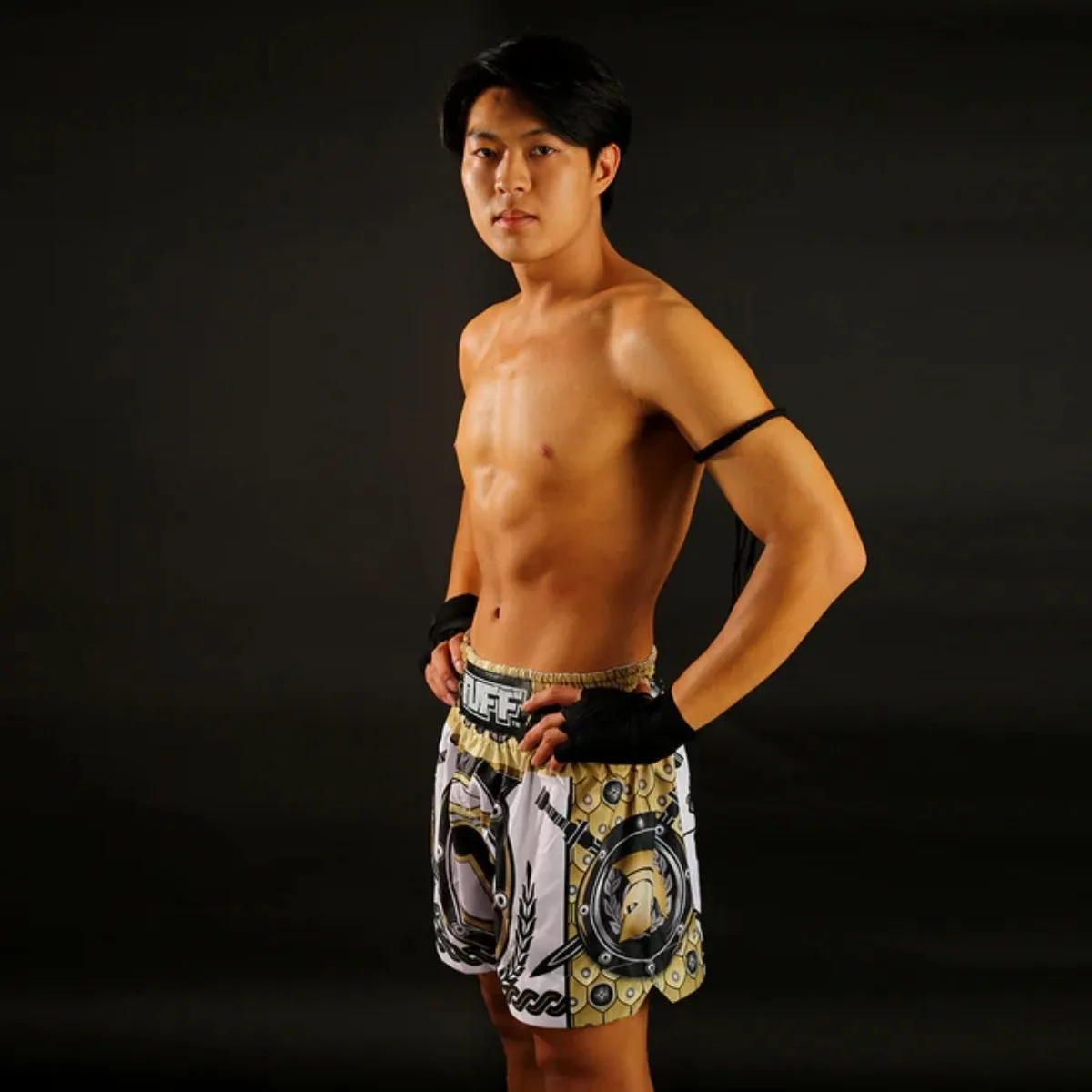 TUFF Sport MS634 Golden Gladiator in White Muay Thai Shorts
