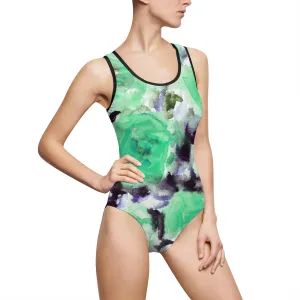 Turquoise Blue Floral Women's Swimsuit, Flower Best One-Piece Swimwear (US Size: XS-3XL)