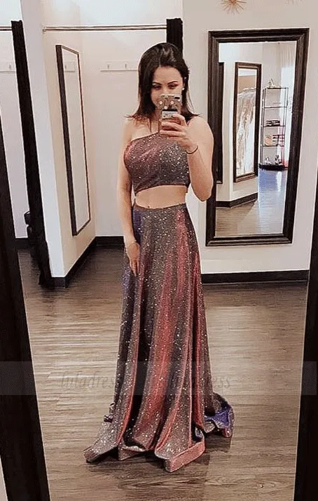 Two Piece One Shoulder Long Prom Dress
