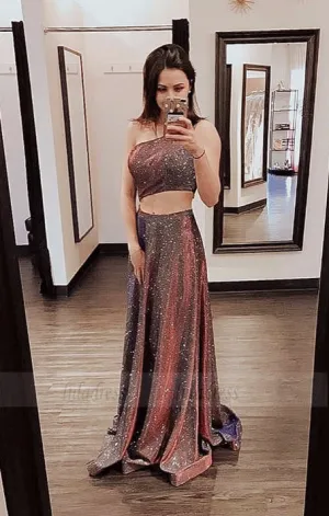 Two Piece One Shoulder Long Prom Dress