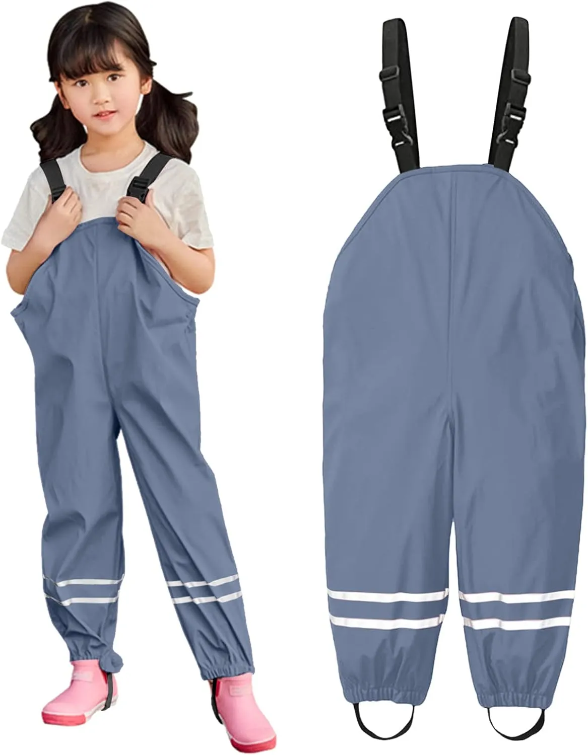 Unisex Rain Pants Suspender Waterproof Rain Trouser Lightweight Kids Overalls Toddler Rain Bib Trousers