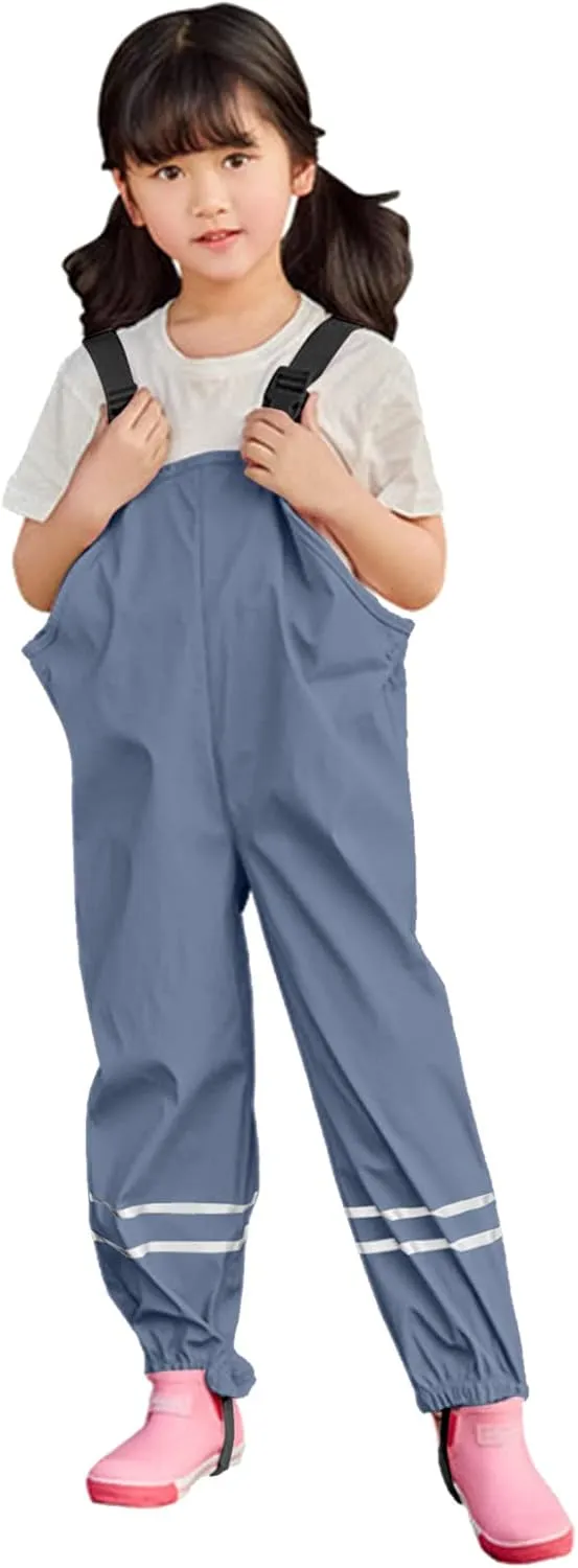 Unisex Rain Pants Suspender Waterproof Rain Trouser Lightweight Kids Overalls Toddler Rain Bib Trousers