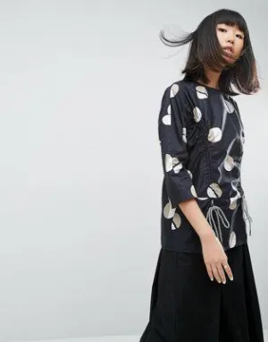 WHITE Polka Dot  Top With Draw Cords