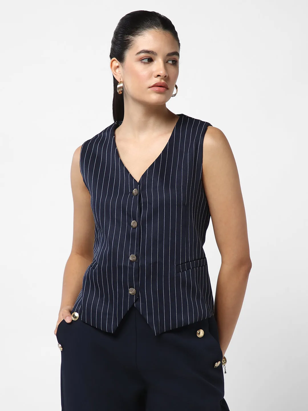 Women Navy Blue Striped Vest Top